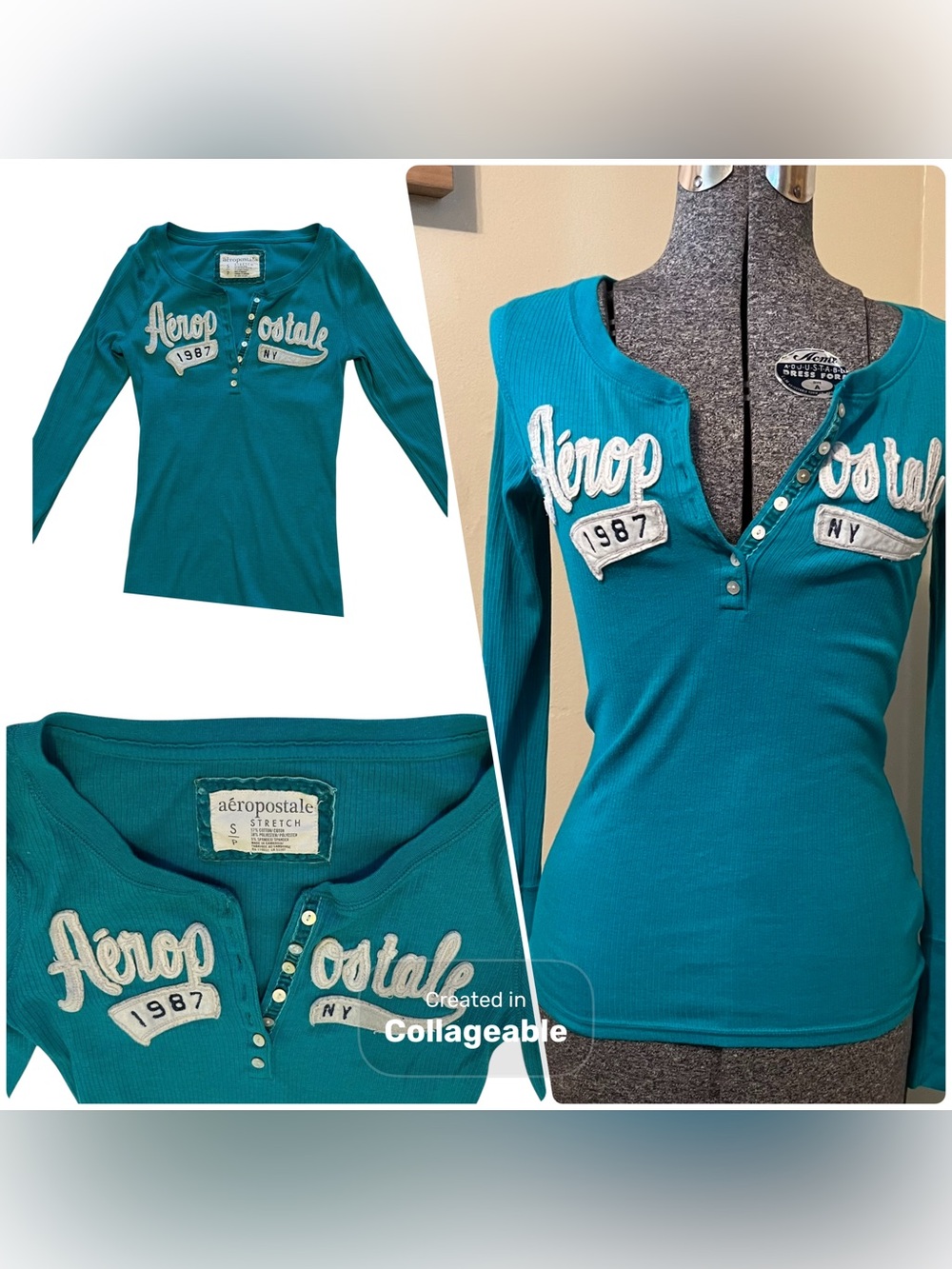 Vintage Y2K Aeropostale Top Womens S Teal Henley Long Sleeve Spellout Babydoll